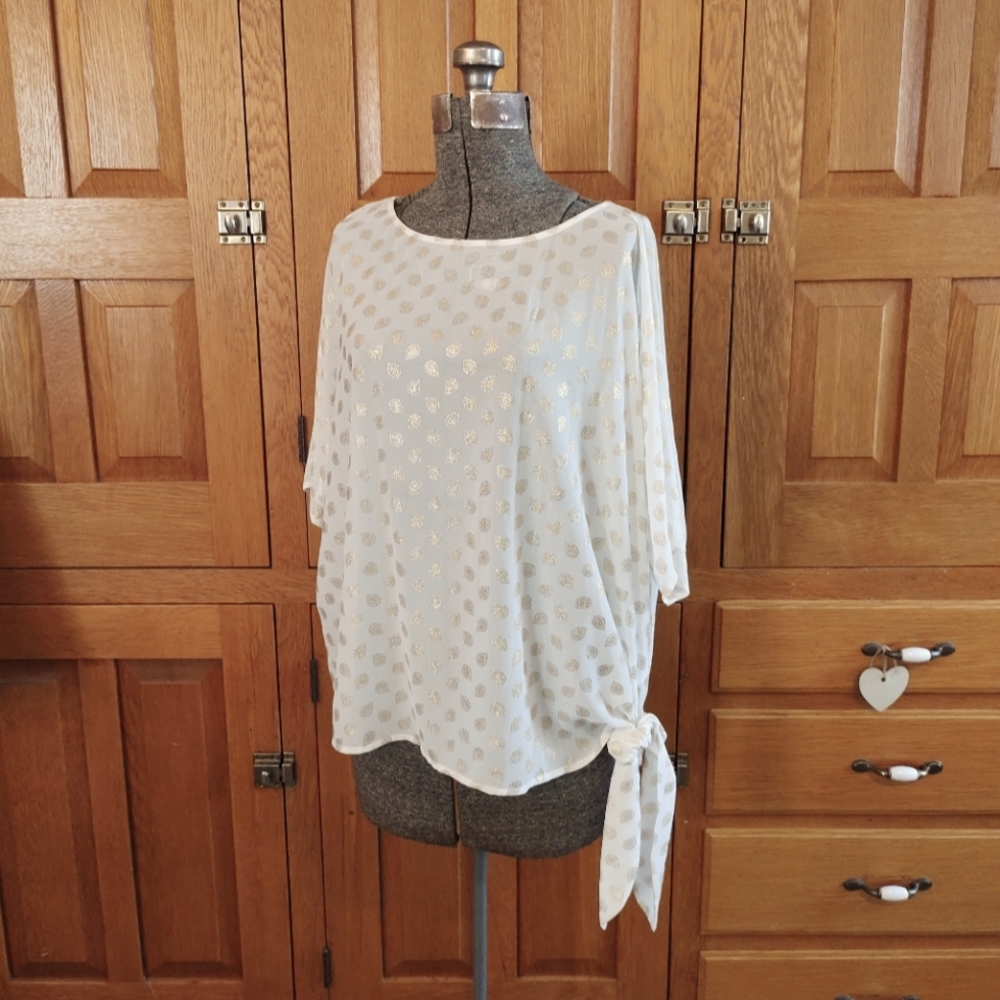 Michael MK white and gold crepe chiffon side tie short sleeve top